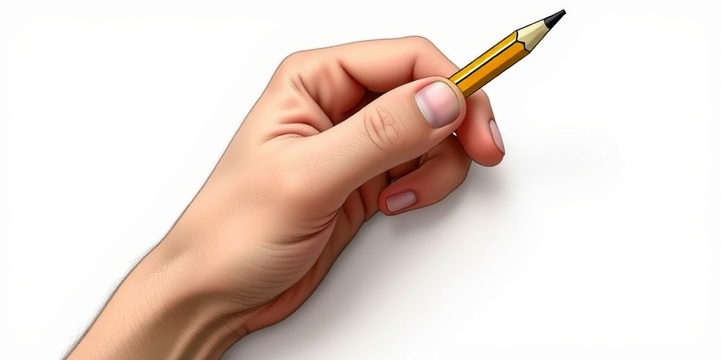 Create an illustration of a hand holding a pencil, focused on the fine details of the hand and pencil, using a DSLR camera with a 50mm lens, aperture set to f/2.8, ISO 100, in a soft natural light setting, captured from a top-down view for clarity and depth.