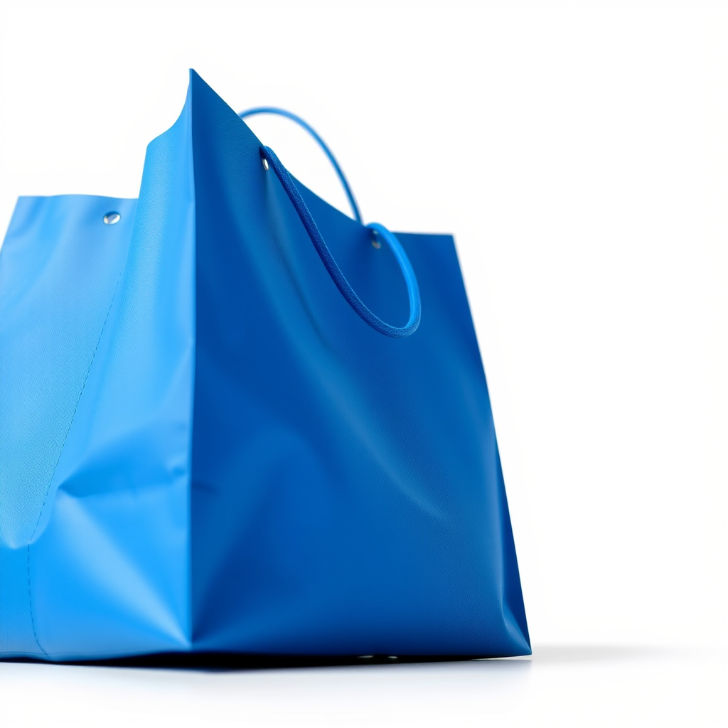 Create a high-resolution image of a blue shopping bag on a white background, using a DSLR camera with a 50mm lens, f/1.8 aperture, ISO 100, and shot from a low angle to emphasize depth and texture, natural lighting.
