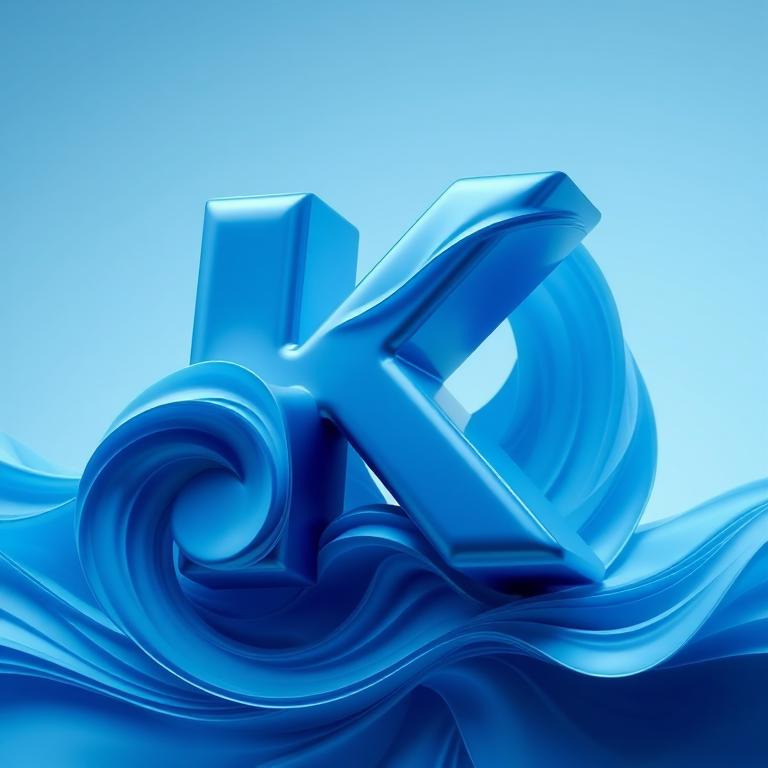 Create a high-resolution abstract 3D rendering of the letter "K" with flowing, wave-like textures in blue tones, shot with a Canon EOS R5 at f/8, ISO 100, 35mm lens, using a soft focus style and overhead lighting for enhanced depth.