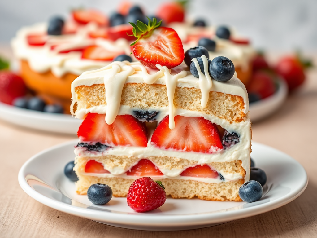 Create an image of a delicious layered dessert featuring a slice of creamy cake with alternating layers of vanilla cream and fresh strawberries and blueberries topped with white chocolate drizzle served on a white plate with the whole dessert in the background.