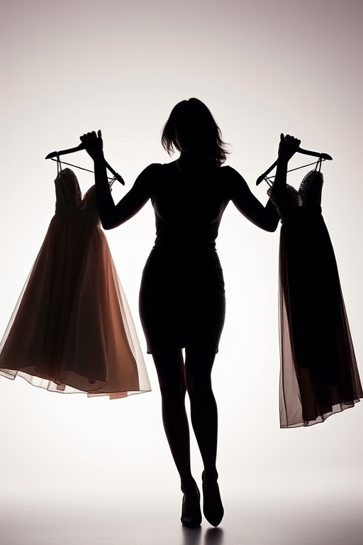Create a high-resolution silhouette image of a fashion designer holding up two elegant dresses against a soft gradient background, shot with a Nikon D850 at f/2.8, 1/125 sec, ISO 100, using a portrait lens for a shallow depth of field to enhance the subject clarity.