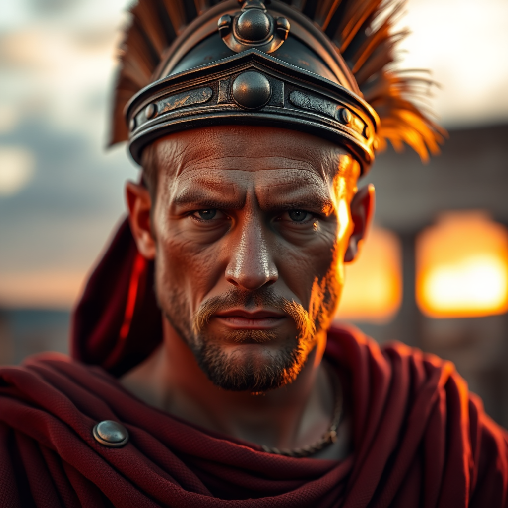 regenerate the image of a Roman soldier with a serious expression in a dramatic sunset background, using a Canon EOS R5 camera, settings: ISO 100, f/1.8, shutter speed 1/125, portrait view, with a soft focus style to enhance depth and clarity