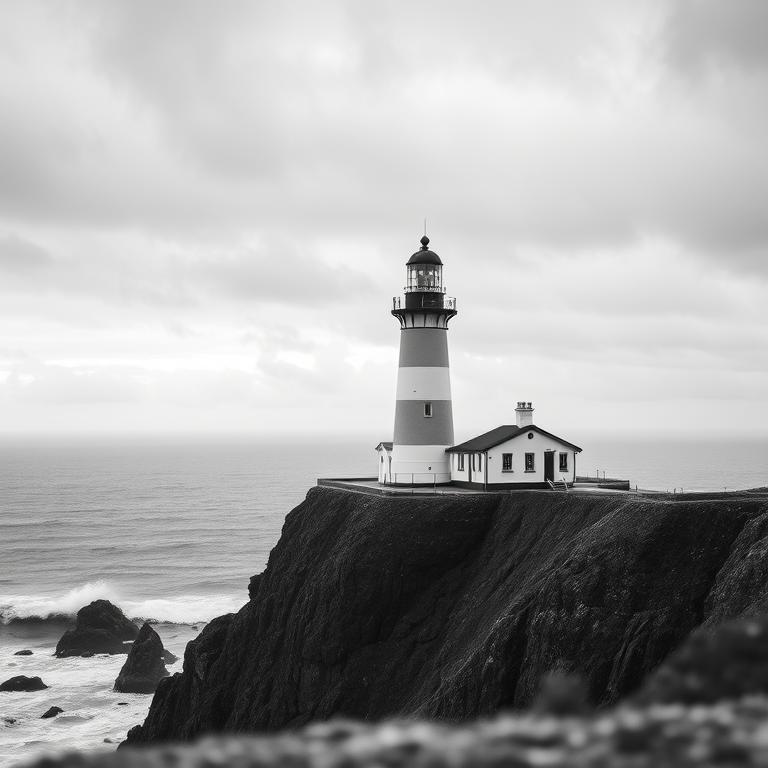 A high-resolution black and white photograph of a lighthouse on a cliff, taken with a Canon EOS R5, 50mm lens, aperture f/8, ISO 100, at a distance of 200 meters, with a soft focus on the foreground and sharp details on the lighthouse, capturing the dramatic ocean waves and cloudy sky in the background.