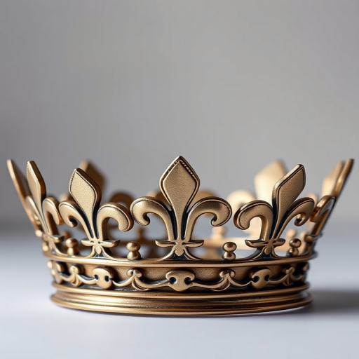 Create a high-resolution image of a stylized crown with fleur-de-lis motifs, using a DSLR camera, 50mm lens, aperture f/1.8, ISO 100, soft lighting, and a shallow depth of field to enhance detail and contrast.