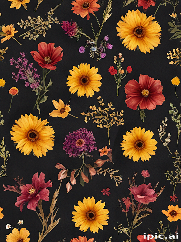 Vibrant Floral Pattern Featuring Various Colorful Blooms Against a Dark ...