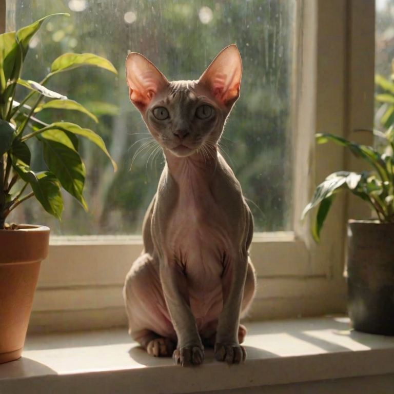 A dynamic medium shot capturing a playful sphinx cat perched on a windowsill, basking in the warm sunlight, its ears perked up, surrounded by leafy indoor plants that cast gentle shadows