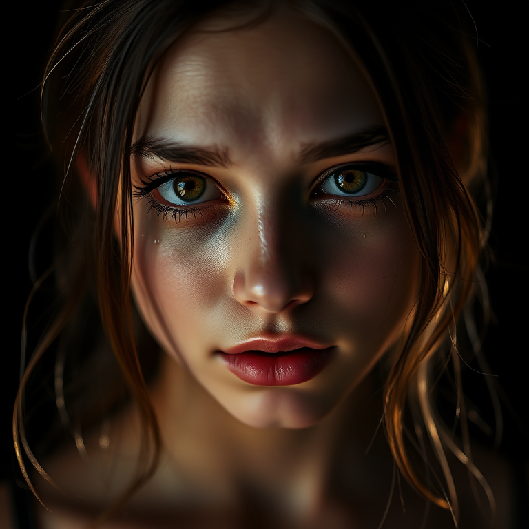 Portrait of a young woman with tears streaming down her face, captured in dramatic lighting against a black background, using a Canon EOS R5, 85mm lens, aperture f/1.4, ISO 100, shutter speed 1/125s, soft focus style.
