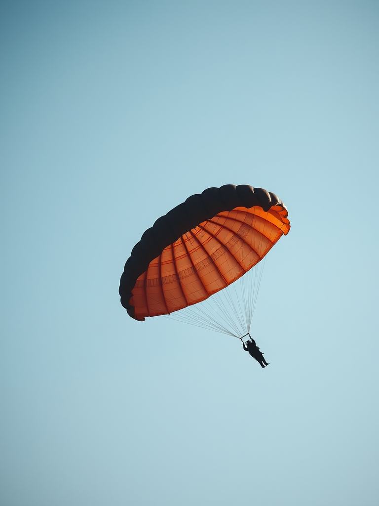 Create a high-resolution image of a stylized parachute with smooth curves and clean lines capturing the silhouette, shot with a Canon EOS R5, 50mm lens, f/2.8 aperture, 1/2000s shutter speed, in natural daylight for a crisp look.