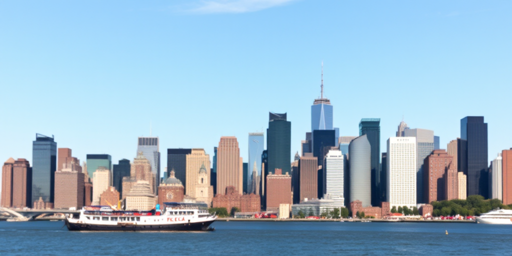 Panoramic view of the New York City skyline during a clear day, captured with a DSLR camera, 24mm lens, aperture f/8, ISO 100, shutter speed 1/250s, focus on the waterfront with vibrant colors and sharp details.