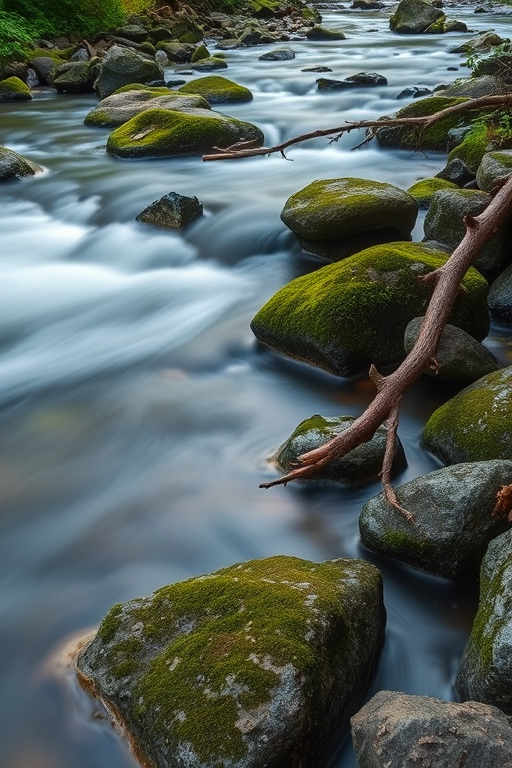capture a serene river scene with smooth flowing water over moss-covered rocks, add intricate details of fallen branches and greenery, use a Canon EOS R5, 24-70mm lens, f/8 aperture, 1/4 sec shutter speed, ISO 100, image stabilized, soft focus background for depth.