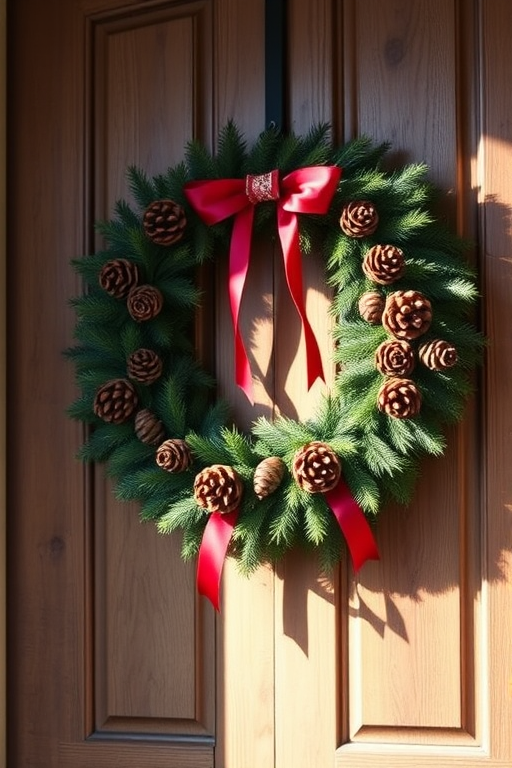 Warmly lit photo of a beautiful holiday wreath adorned with pinecones and red ribbons hanging on a rustic wooden door, soft light enhancing the rich textures and colors.