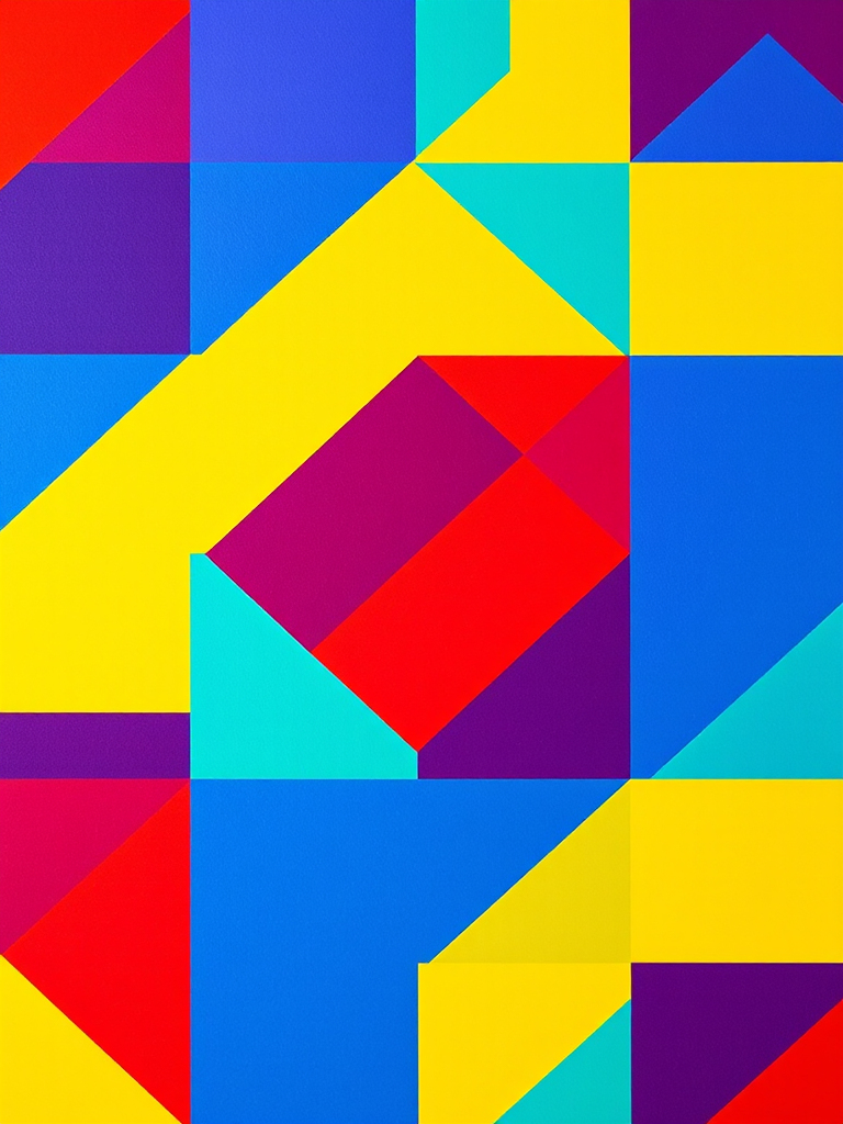 Create a vibrant abstract geometric pattern featuring bold colors like magenta, teal, yellow, red, and blue, using a Canon EOS R5 with a 50mm lens, f/2.8 aperture, ISO 100, at a top-down flat lay angle, enhancing clarity and contrast for a striking visual impact.