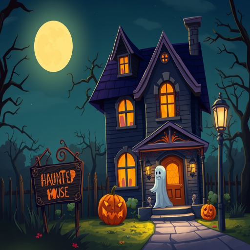 Create an illustration of a spooky haunted house at night with a cartoonish style, featuring a ghost, a pumpkin, and a sign that says "Haunted House," captured using a wide-angle lens at f/5.6, ISO 200, with a soft focus effect to enhance colors and details.