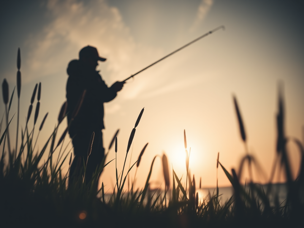 Regenerate image of a silhouette fishing scene with a figure holding a fishing rod, cattails and grass in the foreground, captured in a low angle view, with a DSLR camera at f/2.8 aperture, ISO 100, 50mm lens, soft focus style.