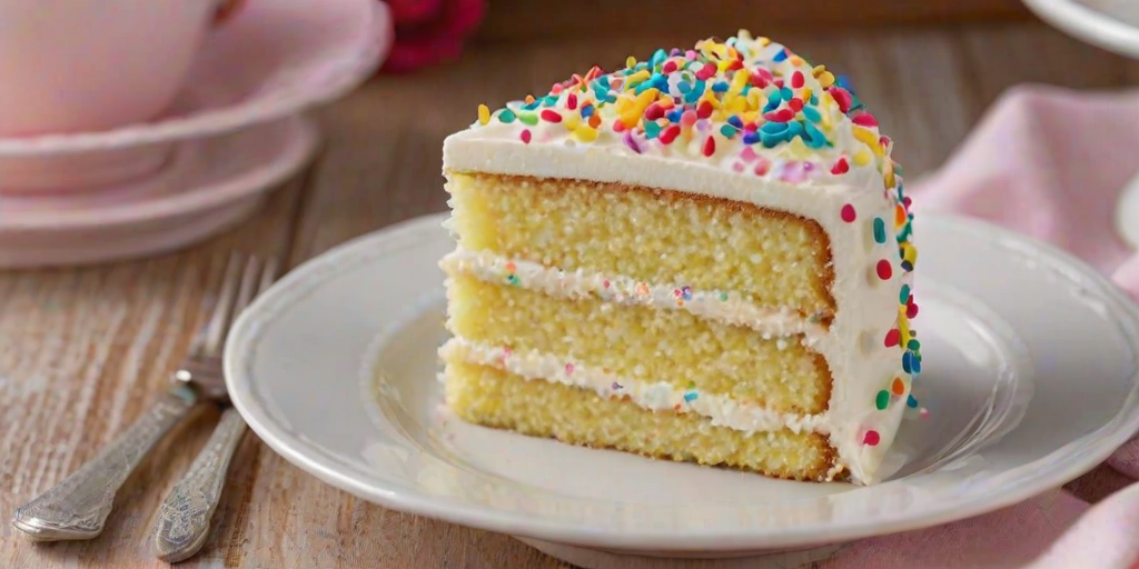 Create a close-up image of a slice of vanilla cake with layers of cream filling. The cake should have a smooth, light-colored frosting on top, decorated with colorful sprinkles. The background should be softly blurred to emphasize the cake.