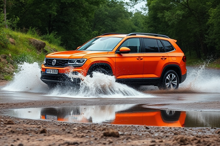 Capture a high-resolution image of a bright orange SUV splashing through water on a dirt road surrounded by greenery, using a DSLR camera with a 50mm lens, f/2.8 aperture, ISO 100, and a shutter speed of 1/500 seconds, shot from a low angle to emphasize the action.
