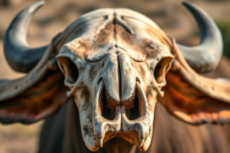 high-resolution image of a buffalo skull with prominent horns, shot with a 50mm lens at f/2.8, natural lighting, close-up view, DSLR camera, emphasis on texture and detail