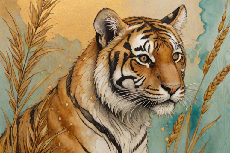Soft, muted Alcohol Ink with ebru effect background image of tiny whimsical tiger, who climbed high on the top of a golden rye ear.