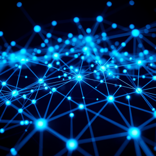 abstract digital network with glowing blue nodes and interconnected lines, high-resolution, ISO 100, f/8 aperture, 24mm wide-angle lens, captured with a DSLR camera, centered perspective, enhanced contrast and depth.