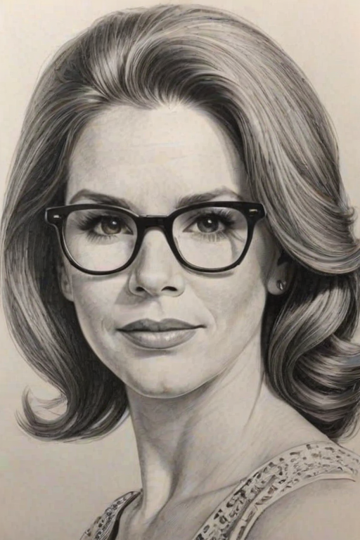Pleasing Melissa Gilbert, pencil sketch, portrait of Dazzling woman 1969s in glasses, hair style beatnik, outline, clear lines, fine lines, 8k