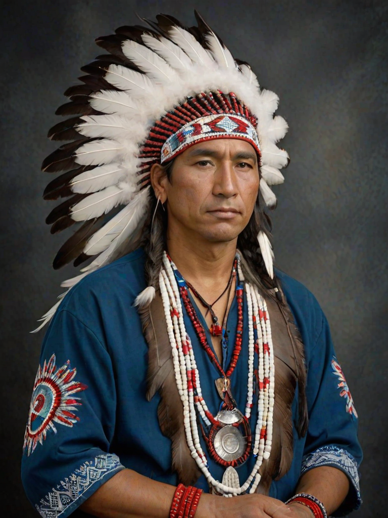 Create a dignified portrait of a Native American man dressed in traditional attire. He wears a beautifully crafted headdress adorned with white feathers and red beads, along with a beaded headband featuring intricate patterns. His clothing includes a deep blue, patterned shirt and a traditional chest piece with detailed beadwork. His arms are crossed, displaying leather armbands decorated with feathers. The background is simple and neutral, emphasizing his proud and stoic expression. The overall image captures the rich cultural heritage and strength of his persona.