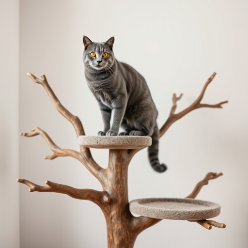 Create a high-quality image of a uniquely designed cat tree resembling natural tree branches with a sleek, gray cat perched on one of the platforms, taken with a Canon EOS R5 using a 50mm f/1.2 lens at ISO 100, f/2.8, and 1/125s, showcasing detailed textures and a soft, diffused background.