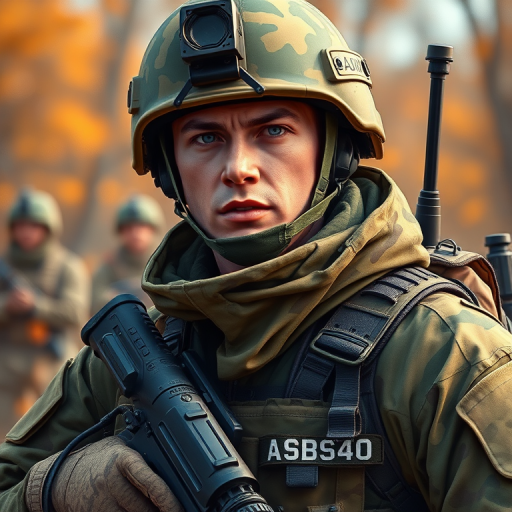 Create a sharp, high-resolution digital illustration of a soldier in camouflage with a radio, using a DSLR camera with a 50mm lens, f/1.8 aperture, ISO 200, and a shallow depth of field for focus on the subject while blurring the background, in a vibrant color palette to enhance details.
