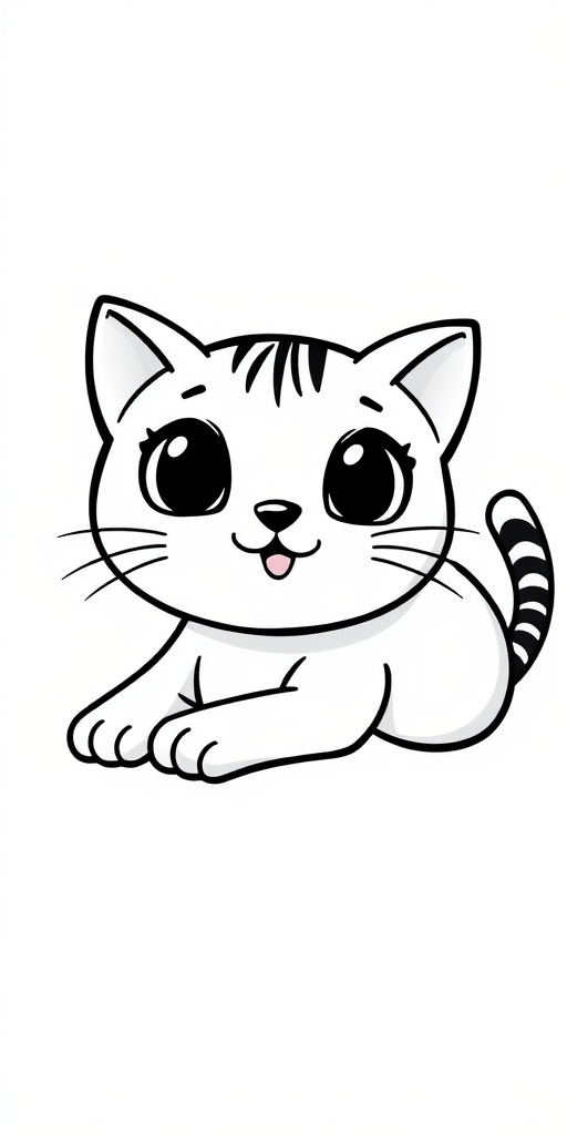 Create a cute cartoon cat lying on its stomach with large expressive eyes and a round body. The cat should have a striped tail and a playful expression, drawn in a simple black outline style on a textured light background.