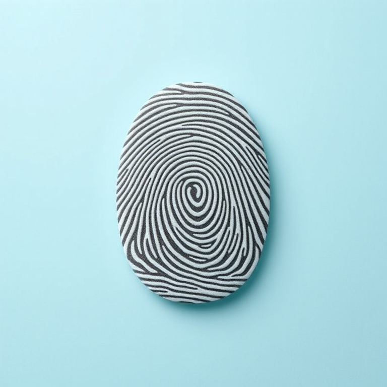 create a high-resolution image of a fingerprint on a light blue circular background with soft lighting, using a DSLR camera with a 50mm lens, aperture set to f/2.8, ISO 100, and a shallow depth of field for enhanced detail and clarity.