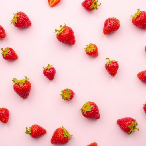 create a seamless pattern of small strawberries on a soft pink background, camera settings f/8, ISO 100, shutter speed 1/125, camera view top-down, camera style minimalistic, camera type DSLR