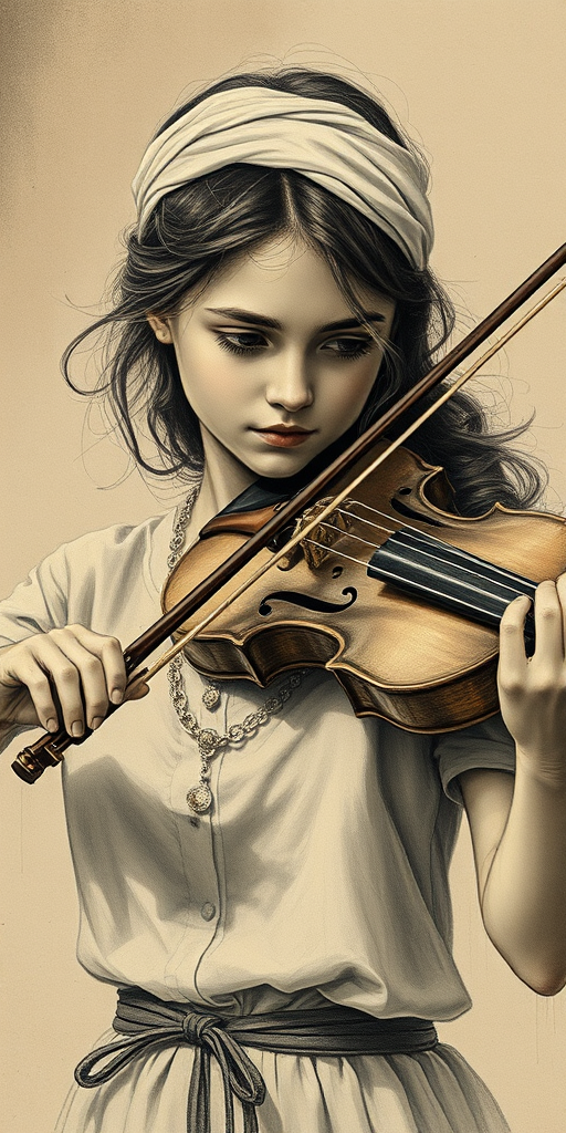 a young Ashkenazi woman with a white headband playing a violin, in the style of a charcoal drawing, sepia grunge background
