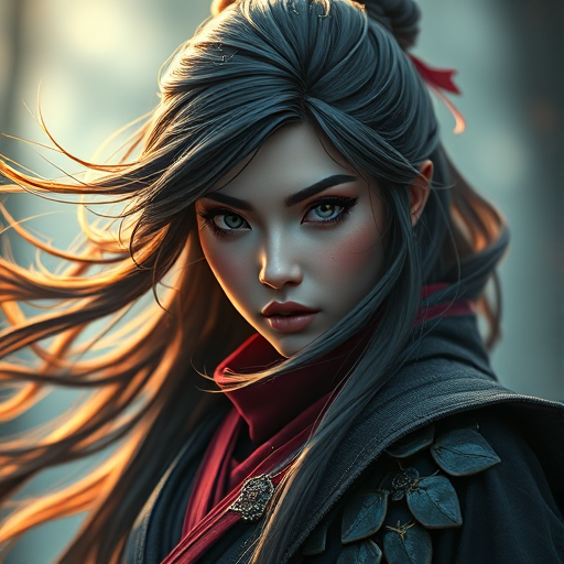 portrait of a female ninja character with flowing hair and intricate details, photographed with a Canon EOS R5, 85mm f/1.2 lens, ISO 100, shutter speed 1/200s, soft diffused lighting, capturing vibrant colors and sharp details in a mystical setting