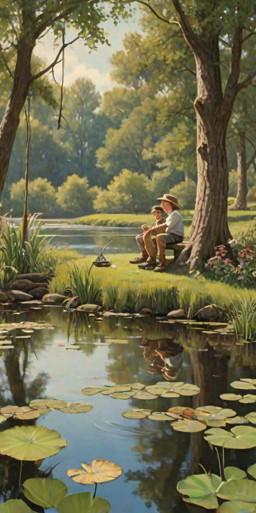 Imagine a small group of old fashioned young boys out fishing by the creek, a swing hanging from a tree branch, reeds and grasses by the water's edge, a frog sitting on a lily pad, dragonflies hovering over som water plans, a very iconic old fashioned scene reminiscent of a Norman Rockwell painting style