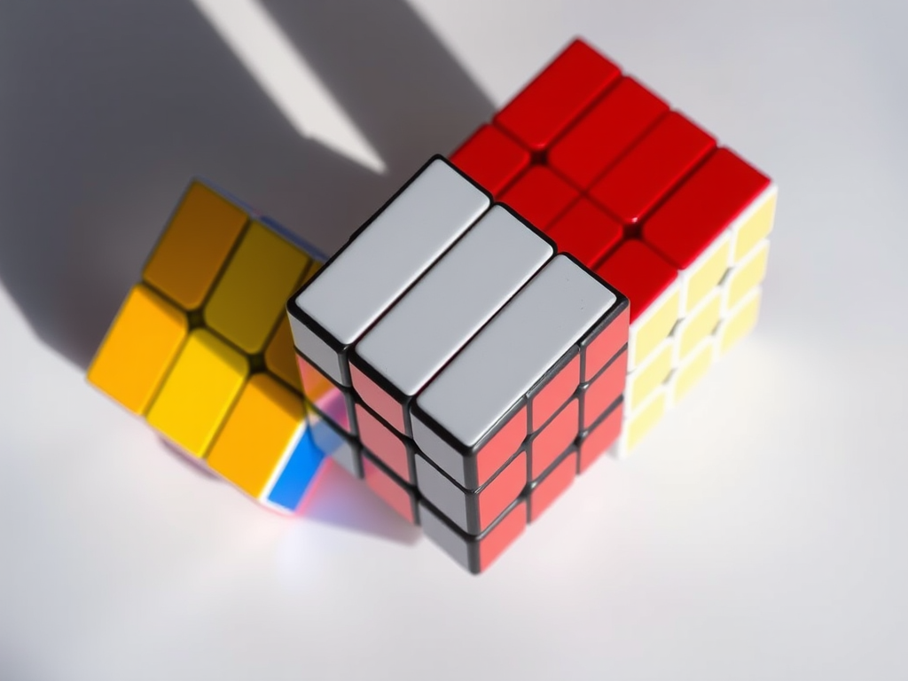 Generate a high-resolution image of a Rubik's Cube in an artistic arrangement with soft shadows, using a DSLR camera at f/2.8, 50mm lens, 1/200s shutter speed, ISO 100, top-down view, with natural lighting and enhanced colors for improved clarity.