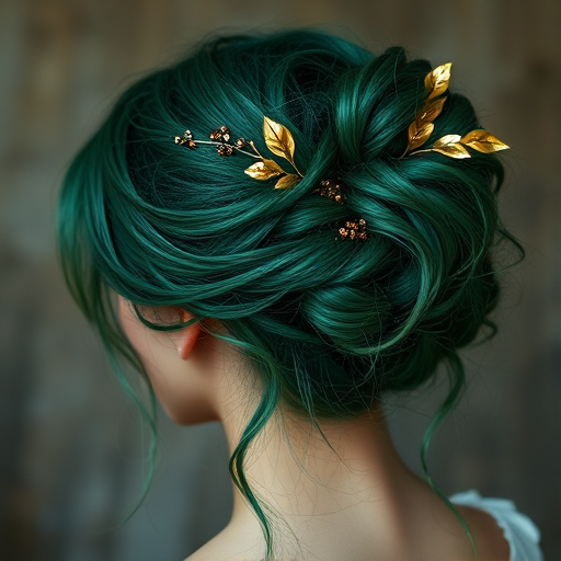 Enchanting emerald green-haired goddess with a textured, messy bun adorned with delicate gold leaf accents