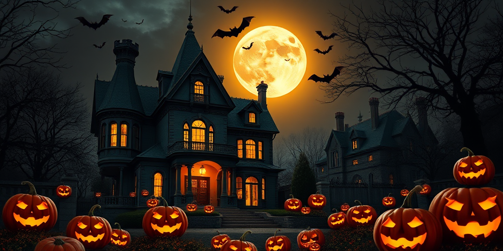 Create a highly detailed Halloween scene featuring a spooky mansion under a full moon with bats flying, surrounded by carved pumpkins, using a DSLR camera at f/1.8, ISO 100, 24mm lens, shot in golden hour lighting, focusing on vibrant colors and sharp contrasts.