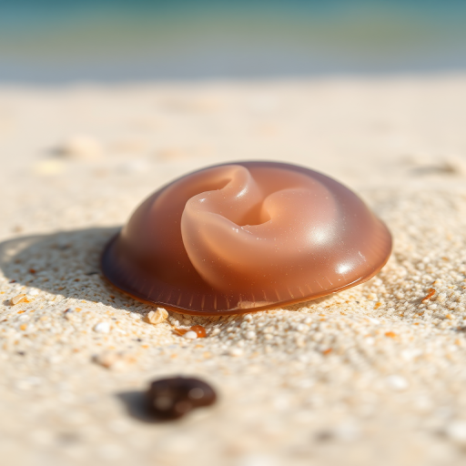 A close-up of a jellyfish resting on sandy beach, natural sunlight, shallow depth of field, aperture f/2.8, shutter speed 1/200 sec, ISO 100, macro lens, shot with a DSLR camera.