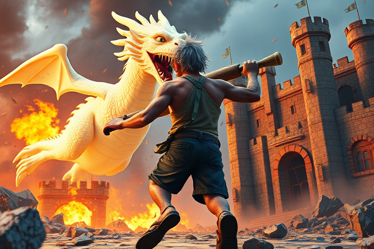 Cartoon 3D High-Resolution,dynamic battle scene using Unreal Engine 5 and Octane Render. The scene features back of an elderly, thai man with a beard,messy hair and round golden-rimmed glasses. He is wearing a tattered tank top with soot marks, shorts, and sandals. sweating. he wields a baseball bat. He jump to fight with a white fire-breathing Europe dragon amidst a partially destroyed stone castle. Include intense flames, smoke, and debris to enhance the dramatic effect.