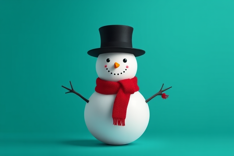 Create a minimalist digital illustration of a snowman with a black hat and a red scarf against a teal background, using a 50mm lens, f/4 aperture, ISO 100, shot in HDR style on a digital camera.