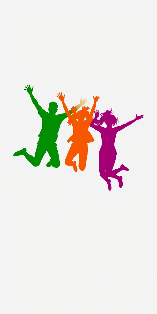 Create a vibrant silhouette illustration of five diverse figures jumping joyfully in various colors (red, green, yellow, purple, blue) against a light gray background, using a Canon EOS R5, 50mm lens, f/2.8 aperture, ISO 100, and shot from a high angle for dynamic perspective.