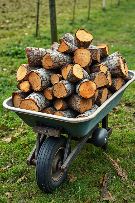A wheelbarrow loaded with cut birch logs on grass, taken with a DSLR camera, 35mm lens, f/2.8 aperture, ISO 200, shallow depth of field, natural light, 45-degree angle view.