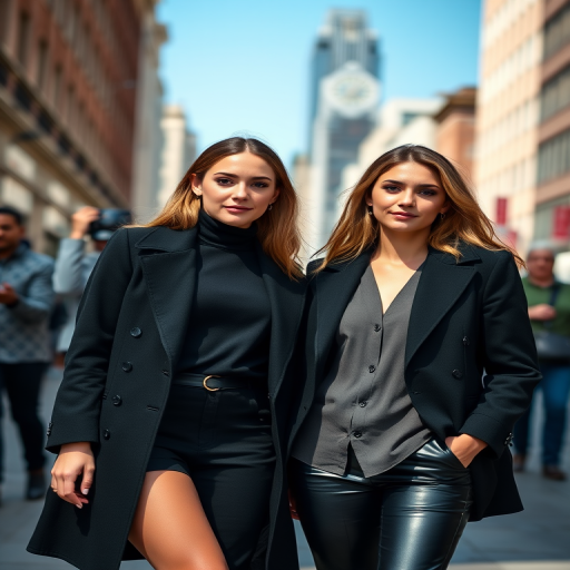 Generate an image of two women in stylish black outfits standing on a city street, captured in bright daylight with a shallow depth of field, using a DSLR camera at f/2.8, ISO 100, 1/500 sec, 50mm lens, angled slightly from above to highlight their expressions and outfits.