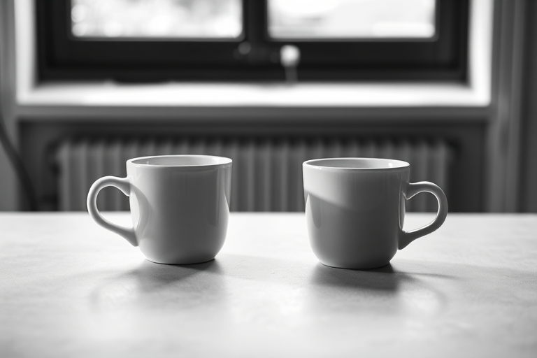 A minimalistic black and white photograph of two coffee cups on a gray surface, soft natural lighting, shallow depth of field, 50mm lens, aperture f/1.8, ISO 100, studio setup, high contrast.