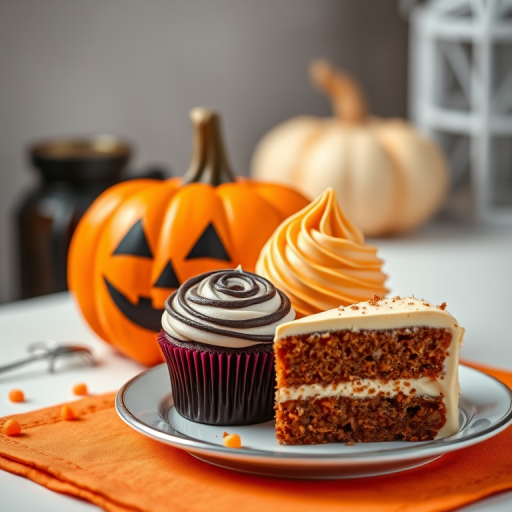 Create a vibrant, high-resolution image of Halloween-themed sweets featuring a decorated pumpkin, a swirl cupcake, and a slice of cake on a plate, captured with a DSLR camera at f/2.8 aperture, ISO 100, 35mm focal length, in a bright, well-lit studio setting with a soft focus background.