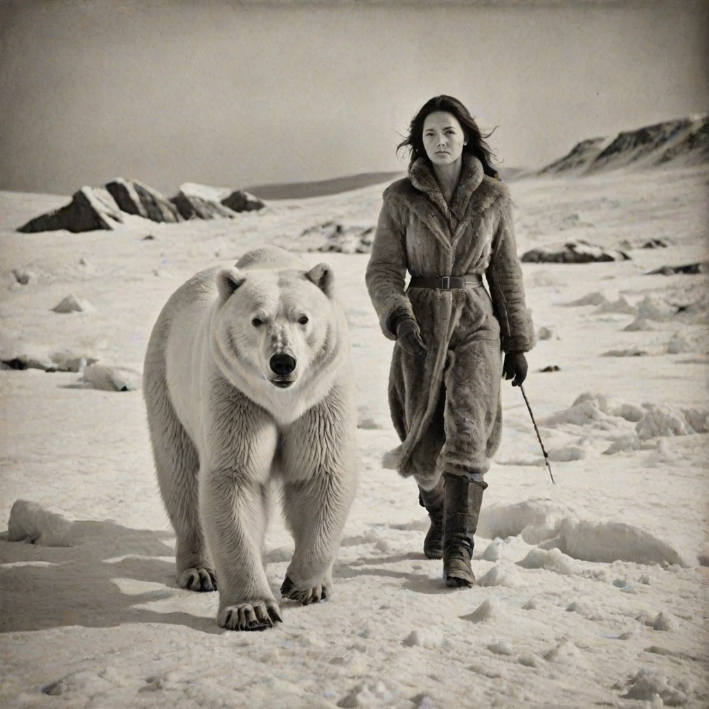 A very old photograph in black and white. The photo is badly damaged, faded, with scratches, tears, smudges and dirt. The photo is ultra-realistic and very detailed. It's a picture of an Arctic warrior. She is walking serenely towards the camera. At her side walks a majestic polar bear. Its fur shines in the sunlight. Snow, ice, sea. wind. snow in the air.