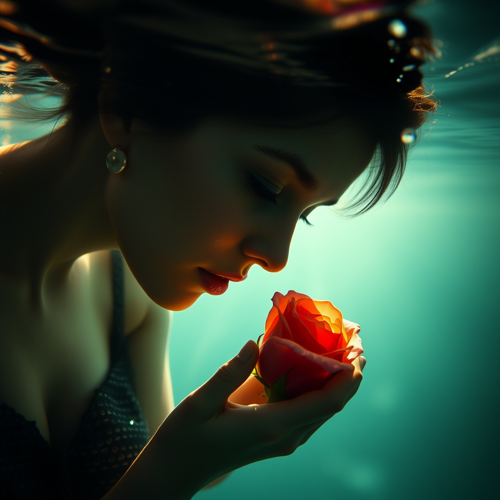 A woman underwater, gazing at a rose Her face is reflected in the water's surface The scene is illuminated by sunlight filtering through the water The atmosphere is serene and contemplative
