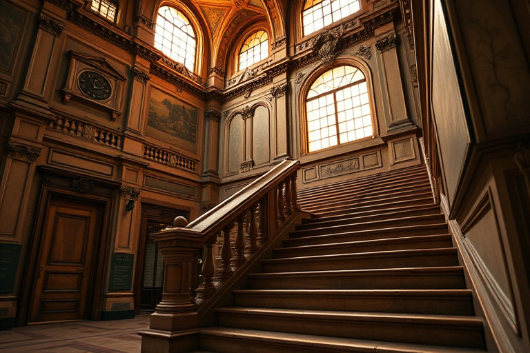 Capture a high-resolution image of an ornate staircase in a grand building with historical architecture, using a DSLR camera with a 24mm lens, aperture set to f/8 for depth of field, ISO 200 for clarity, and a low angle view to emphasize the grandeur of the staircase and details of the stonework, during golden hour for warm lighting.