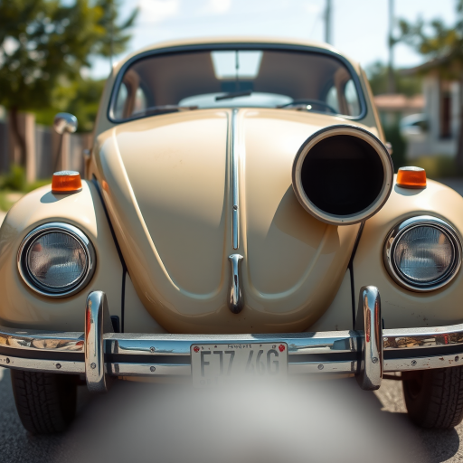 Regenerate the image of a vintage beige Volkswagen Beetle, shot at f/8 aperture, ISO 100, 1/250 sec shutter speed, using a 50mm prime lens, in a shallow depth of field, front three-quarter view, natural lighting for enhanced quality.