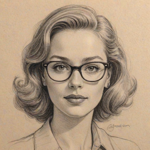 Lovely Alicia Goranson, pencil sketch, portrait of Radiant woman 1951s in glasses, hair style beatnik, outline, clear lines, fine lines, 8k