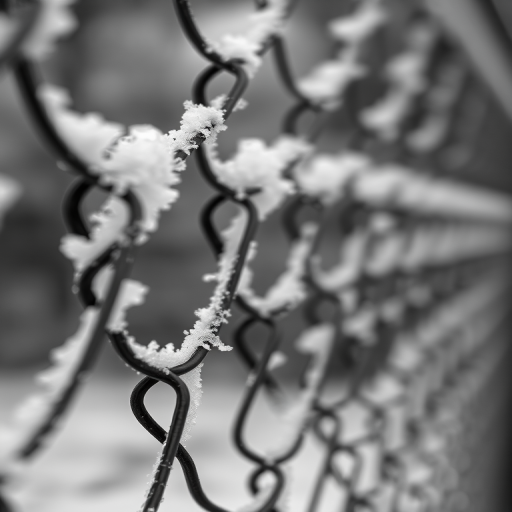 frost-covered chain-link fence, shallow depth of field, monochrome, natural lighting, ISO 100, f/2.8, 50mm lens, captured with a DSLR camera, focus on the ice crystals